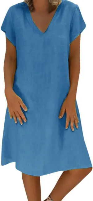 Women's Cotton Linen Midi Dress Summer Plus Size V-Neck Short Sleeve T Shirt Dresses Flowy Solid Color Beach Dress