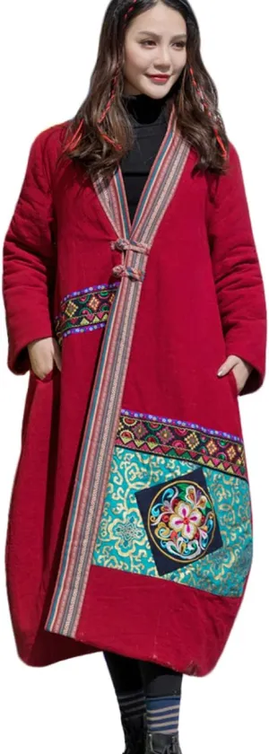 Women's Cotton Linen Thickened Coat Ethnic Embroidered Winter Warm Cotton Padded Parka Coat