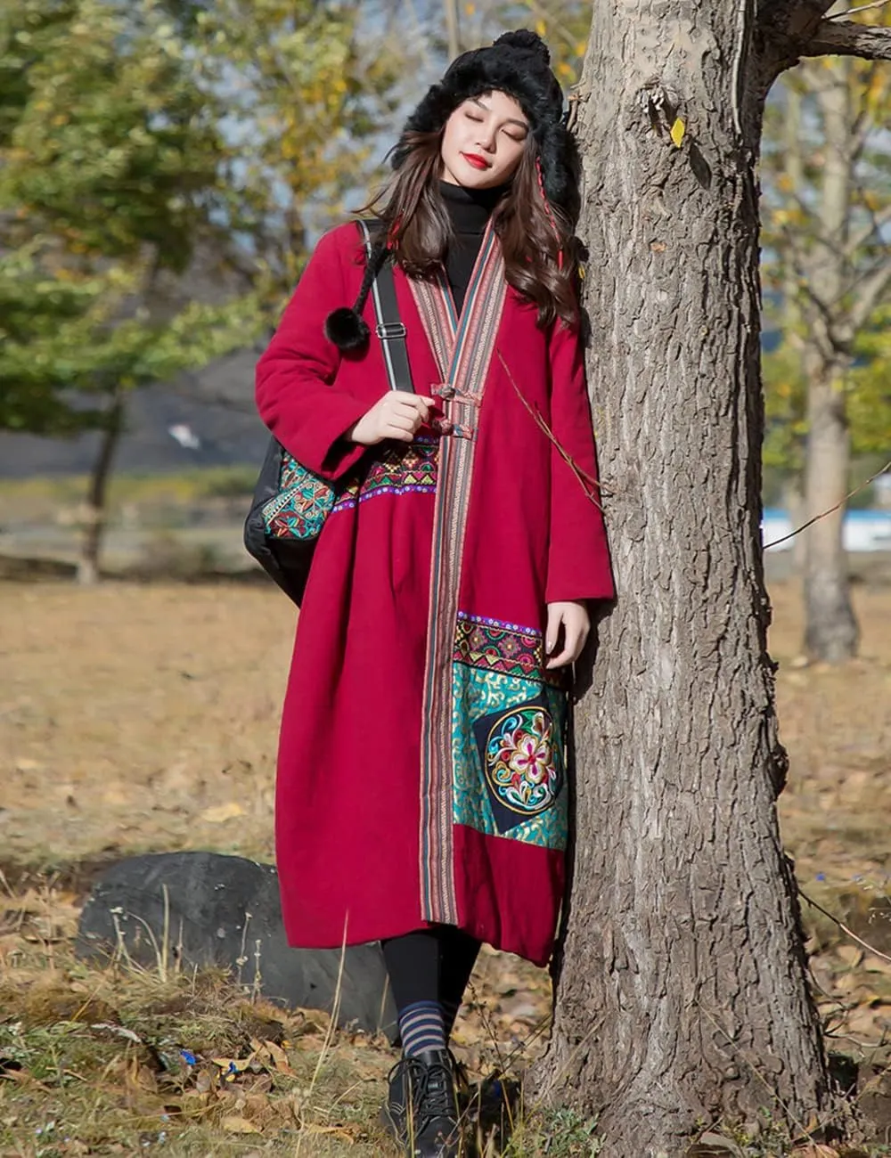 Women's Cotton Linen Thickened Coat Ethnic Embroidered Winter Warm Cotton Padded Parka Coat