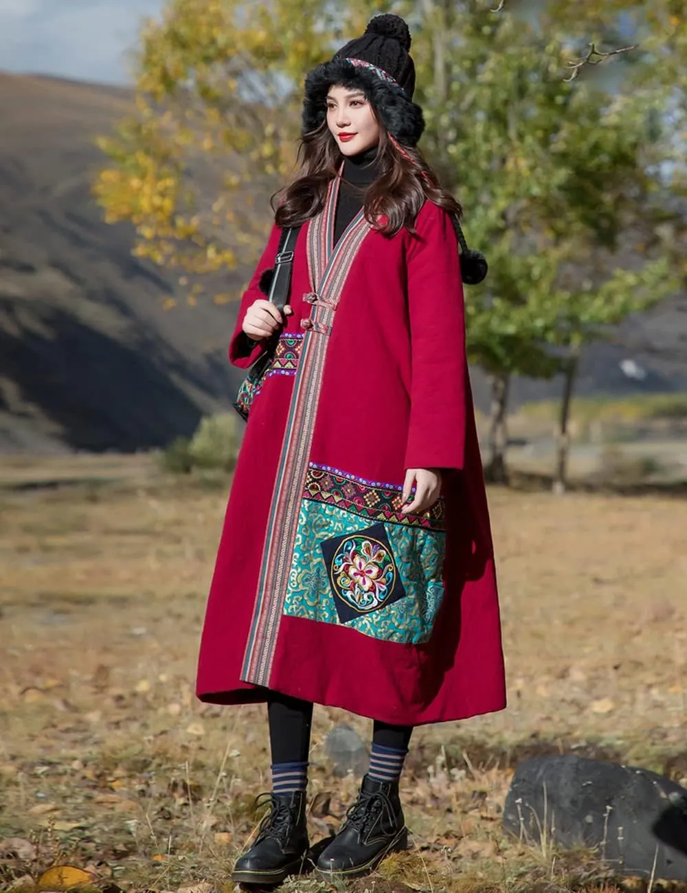 Women's Cotton Linen Thickened Coat Ethnic Embroidered Winter Warm Cotton Padded Parka Coat