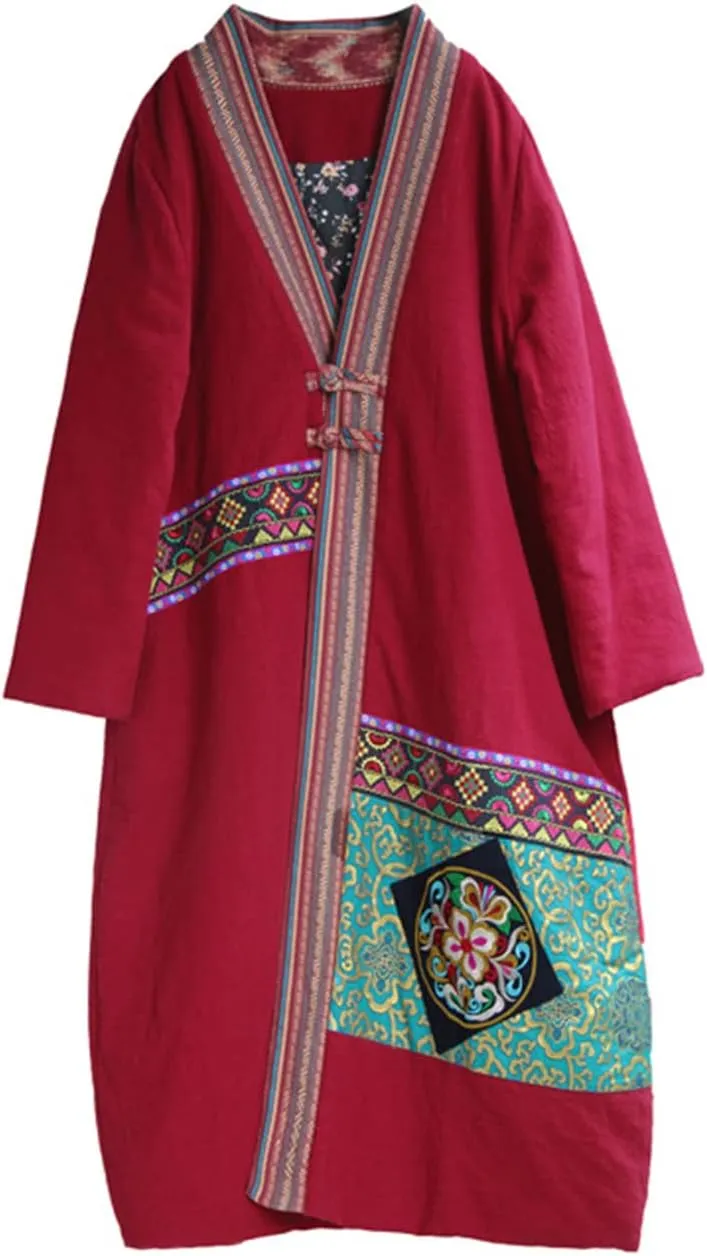 Women's Cotton Linen Thickened Coat Ethnic Embroidered Winter Warm Cotton Padded Parka Coat