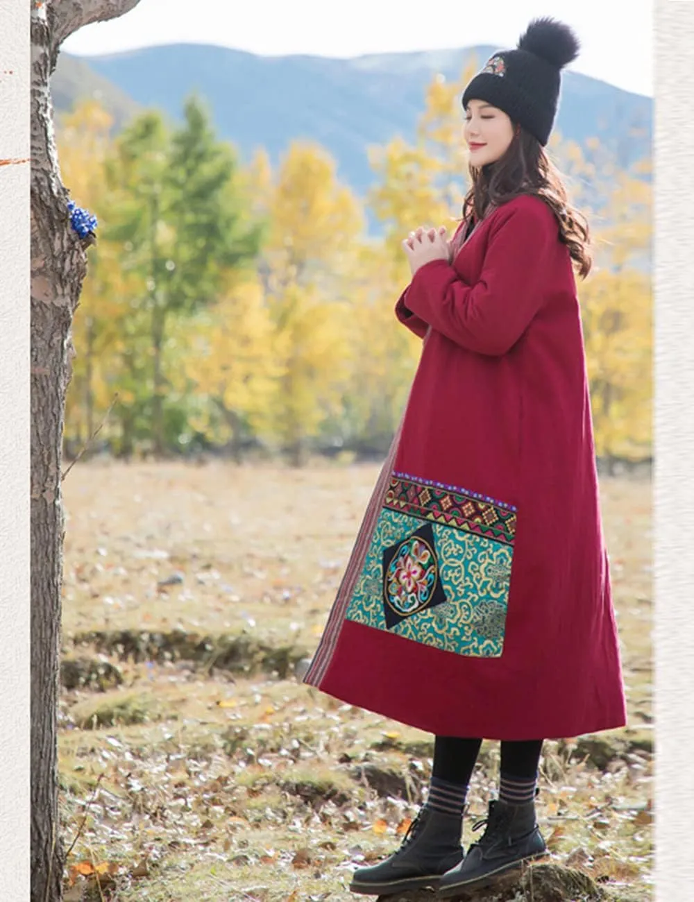 Women's Cotton Linen Thickened Coat Ethnic Embroidered Winter Warm Cotton Padded Parka Coat
