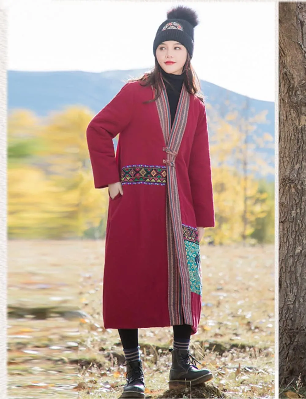 Women's Cotton Linen Thickened Coat Ethnic Embroidered Winter Warm Cotton Padded Parka Coat