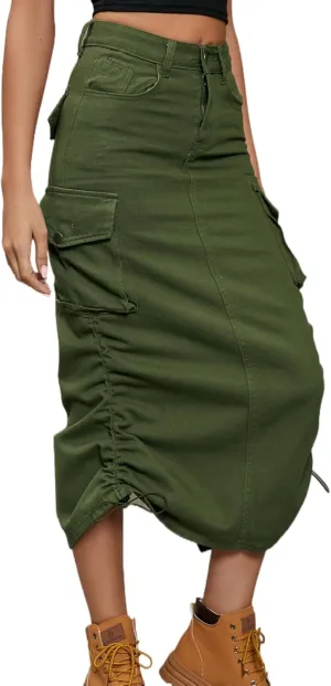 Women's Denim Cargo Skirts High Waisted Midi Length Jean Skirt with Flap Pockets(Army Green, XX-Large)