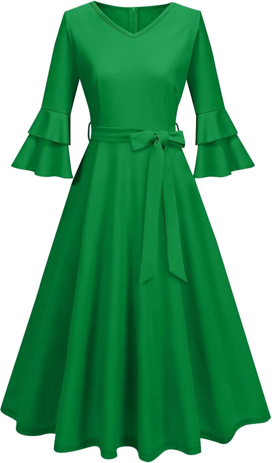 Women's Elegant V-Neck 3/4 Sleeve Dress Solid Drawstring Prom Party Cocktail Wedding Dresses Plus, S-3XL