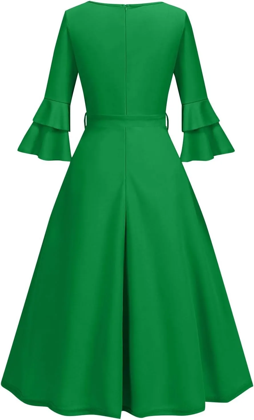 Women's Elegant V-Neck 3/4 Sleeve Dress Solid Drawstring Prom Party Cocktail Wedding Dresses Plus, S-3XL