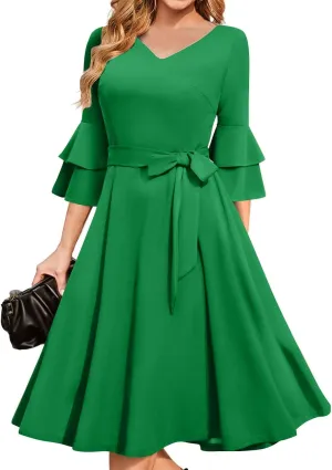 Women's Elegant V-Neck 3/4 Sleeve Dress Solid Drawstring Prom Party Cocktail Wedding Dresses Plus, S-3XL