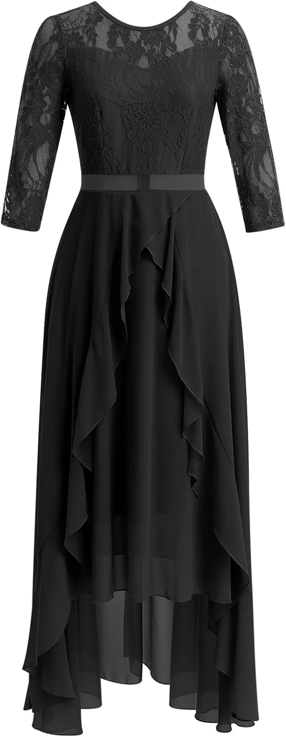 Women's Floral Lace Long Bridesmaid Dress Maxi Formal Wedding Party 3/4 Sleeves V-Neck Retro Evening Dance Gown