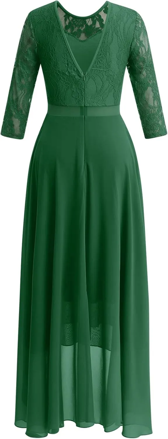 Women's Floral Lace Long Bridesmaid Dress Maxi Formal Wedding Party 3/4 Sleeves V-Neck Retro Evening Dance Gown