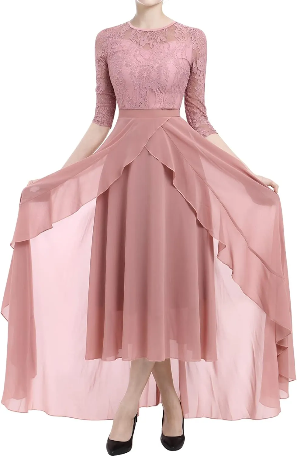 Women's Floral Lace Long Bridesmaid Dress Maxi Formal Wedding Party 3/4 Sleeves V-Neck Retro Evening Dance Gown