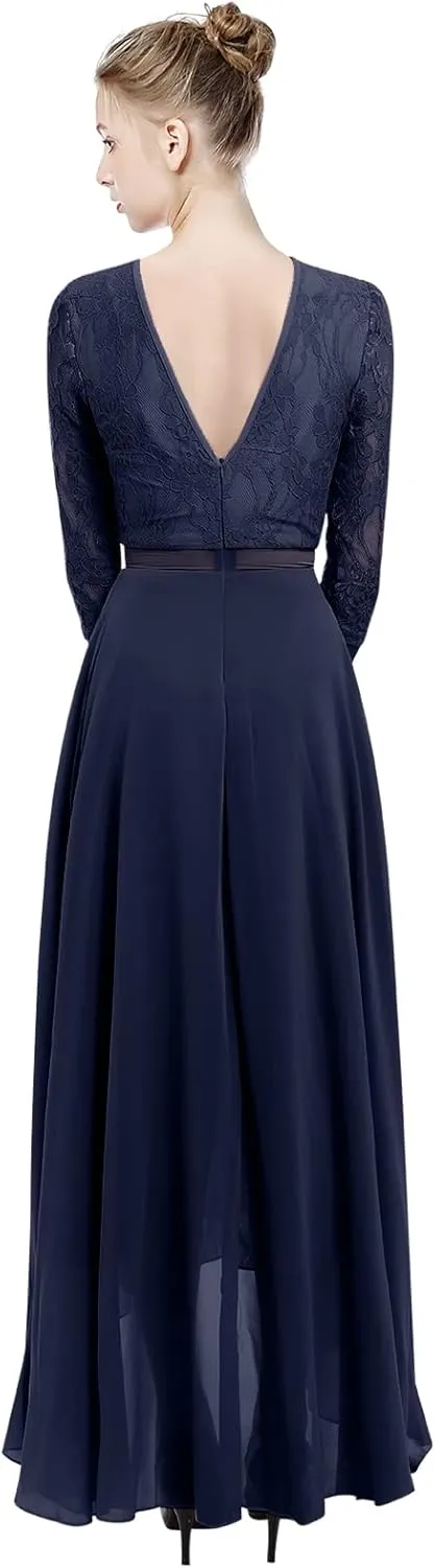Women's Floral Lace Long Bridesmaid Dress Maxi Formal Wedding Party 3/4 Sleeves V-Neck Retro Evening Dance Gown