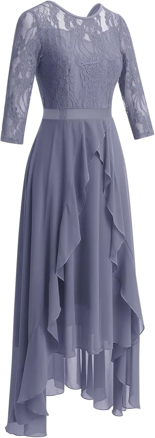 Women's Floral Lace Long Bridesmaid Dress Maxi Formal Wedding Party 3/4 Sleeves V-Neck Retro Evening Dance Gown