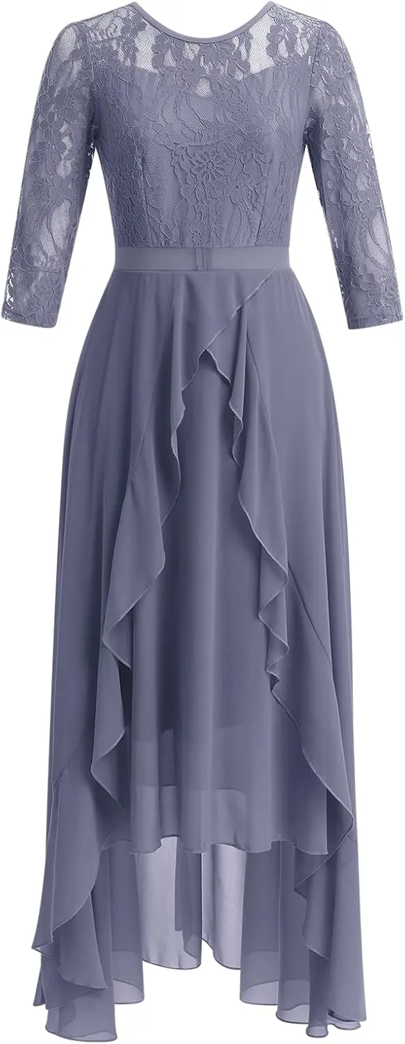 Women's Floral Lace Long Bridesmaid Dress Maxi Formal Wedding Party 3/4 Sleeves V-Neck Retro Evening Dance Gown