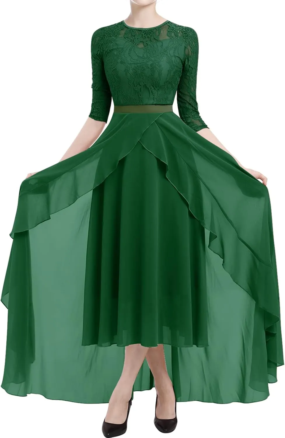 Women's Floral Lace Long Bridesmaid Dress Maxi Formal Wedding Party 3/4 Sleeves V-Neck Retro Evening Dance Gown