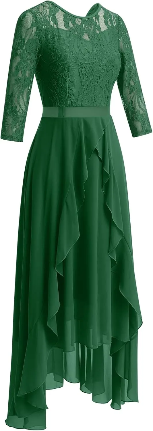 Women's Floral Lace Long Bridesmaid Dress Maxi Formal Wedding Party 3/4 Sleeves V-Neck Retro Evening Dance Gown