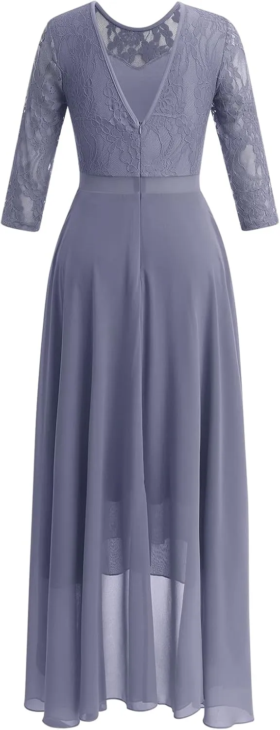 Women's Floral Lace Long Bridesmaid Dress Maxi Formal Wedding Party 3/4 Sleeves V-Neck Retro Evening Dance Gown
