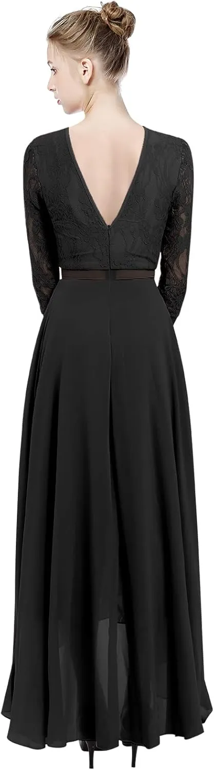 Women's Floral Lace Long Bridesmaid Dress Maxi Formal Wedding Party 3/4 Sleeves V-Neck Retro Evening Dance Gown
