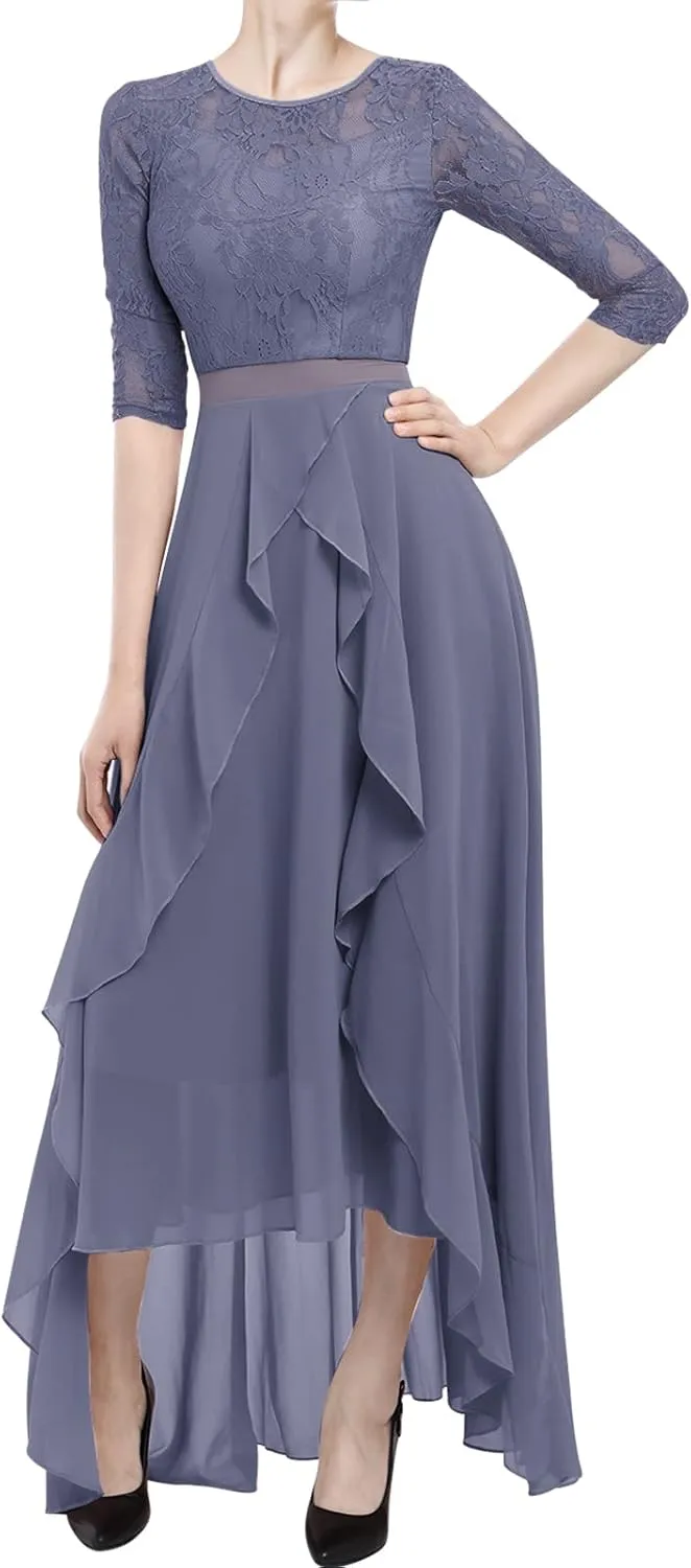 Women's Floral Lace Long Bridesmaid Dress Maxi Formal Wedding Party 3/4 Sleeves V-Neck Retro Evening Dance Gown