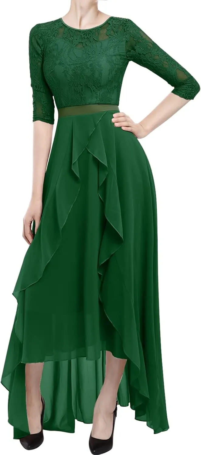Women's Floral Lace Long Bridesmaid Dress Maxi Formal Wedding Party 3/4 Sleeves V-Neck Retro Evening Dance Gown