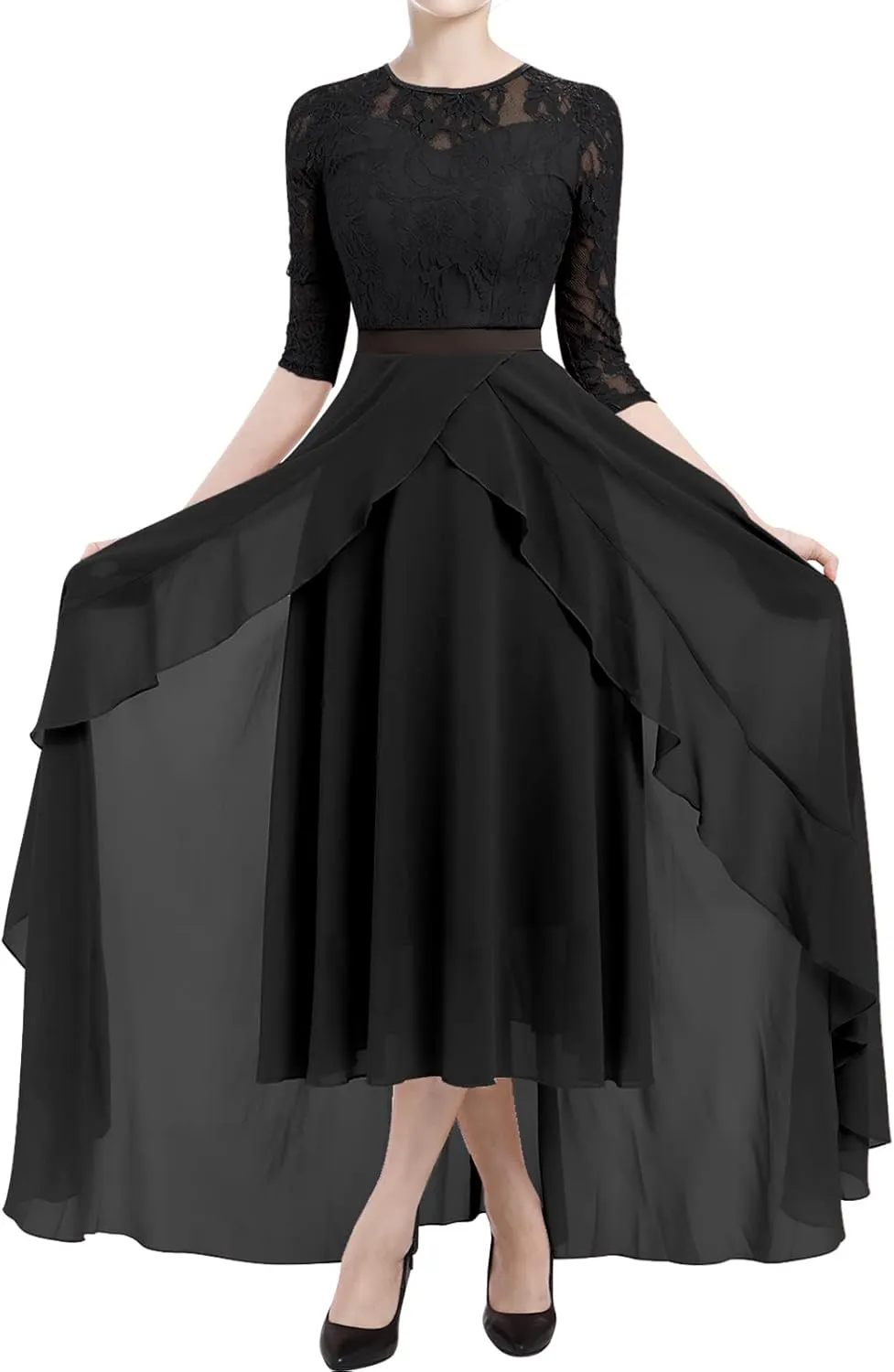 Women's Floral Lace Long Bridesmaid Dress Maxi Formal Wedding Party 3/4 Sleeves V-Neck Retro Evening Dance Gown