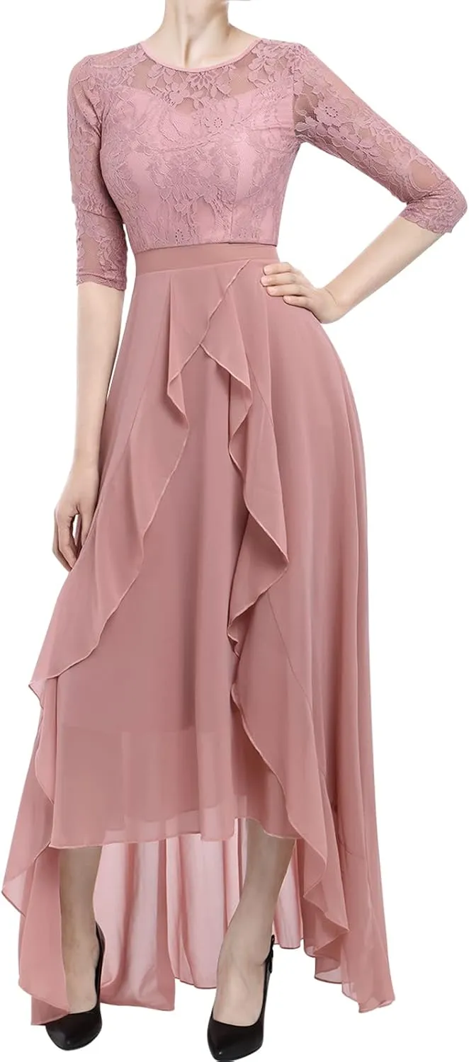 Women's Floral Lace Long Bridesmaid Dress Maxi Formal Wedding Party 3/4 Sleeves V-Neck Retro Evening Dance Gown