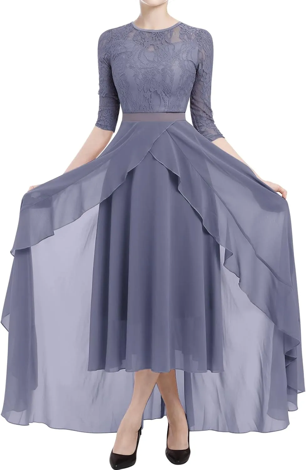 Women's Floral Lace Long Bridesmaid Dress Maxi Formal Wedding Party 3/4 Sleeves V-Neck Retro Evening Dance Gown