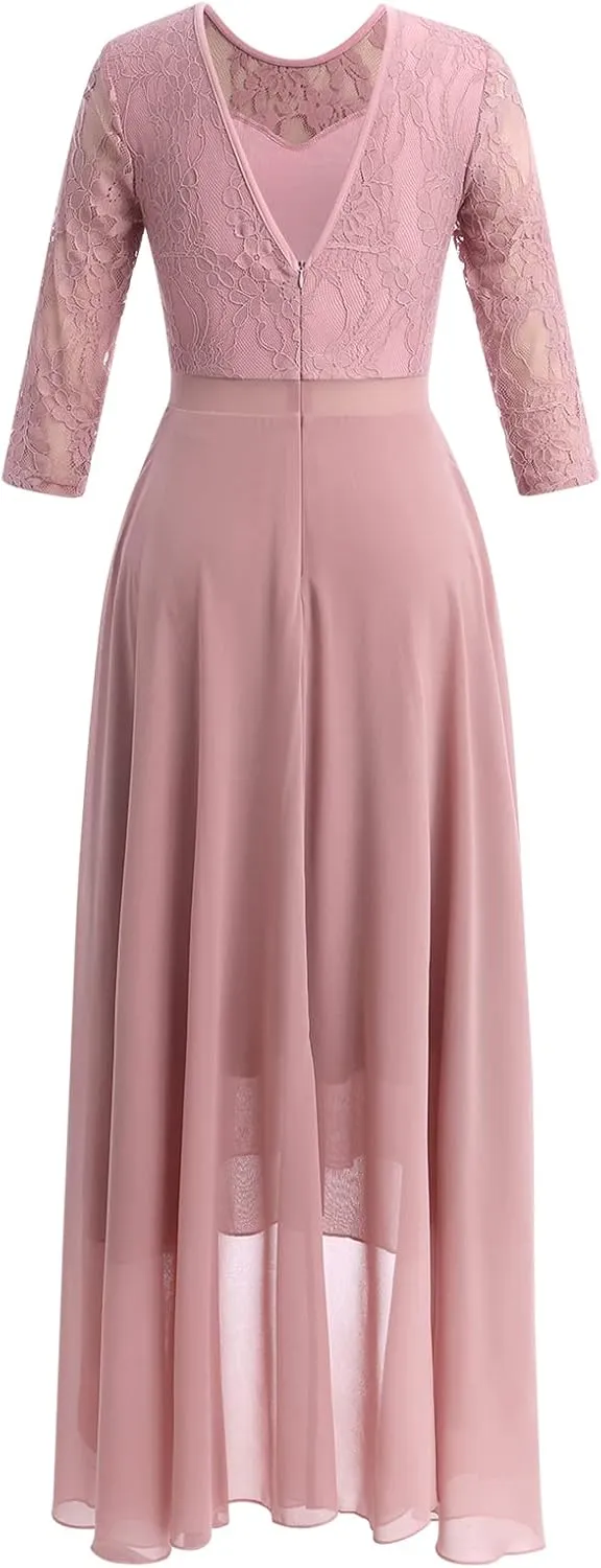 Women's Floral Lace Long Bridesmaid Dress Maxi Formal Wedding Party 3/4 Sleeves V-Neck Retro Evening Dance Gown