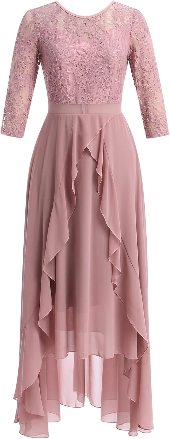 Women's Floral Lace Long Bridesmaid Dress Maxi Formal Wedding Party 3/4 Sleeves V-Neck Retro Evening Dance Gown