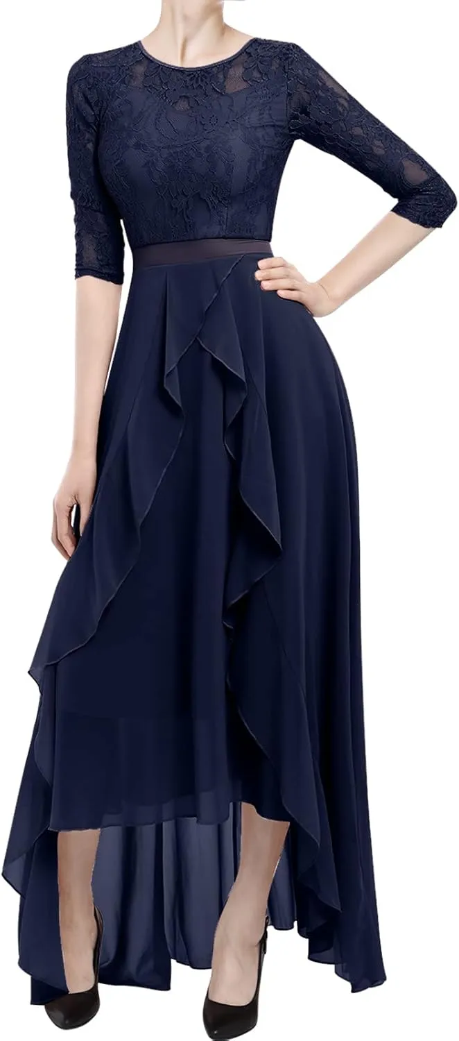 Women's Floral Lace Long Bridesmaid Dress Maxi Formal Wedding Party 3/4 Sleeves V-Neck Retro Evening Dance Gown