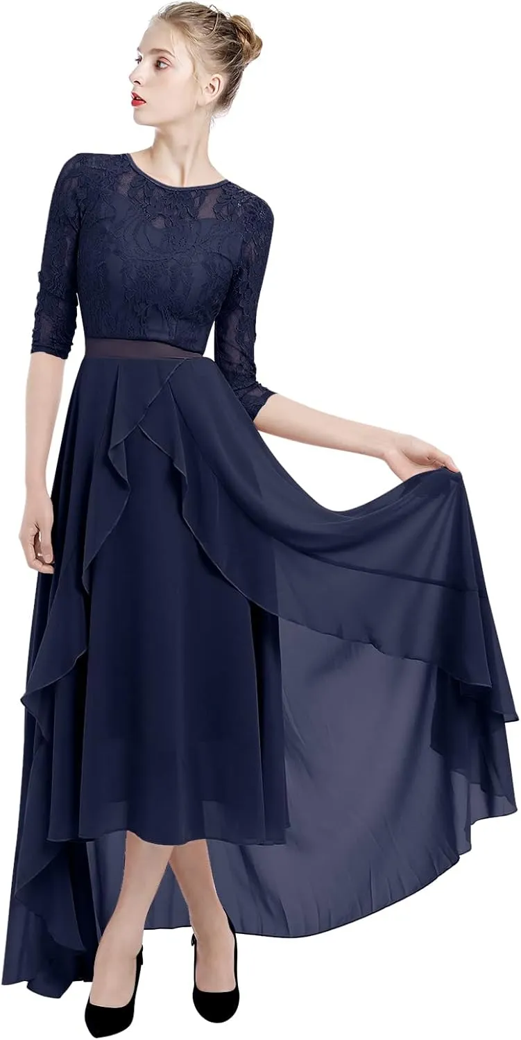 Women's Floral Lace Long Bridesmaid Dress Maxi Formal Wedding Party 3/4 Sleeves V-Neck Retro Evening Dance Gown