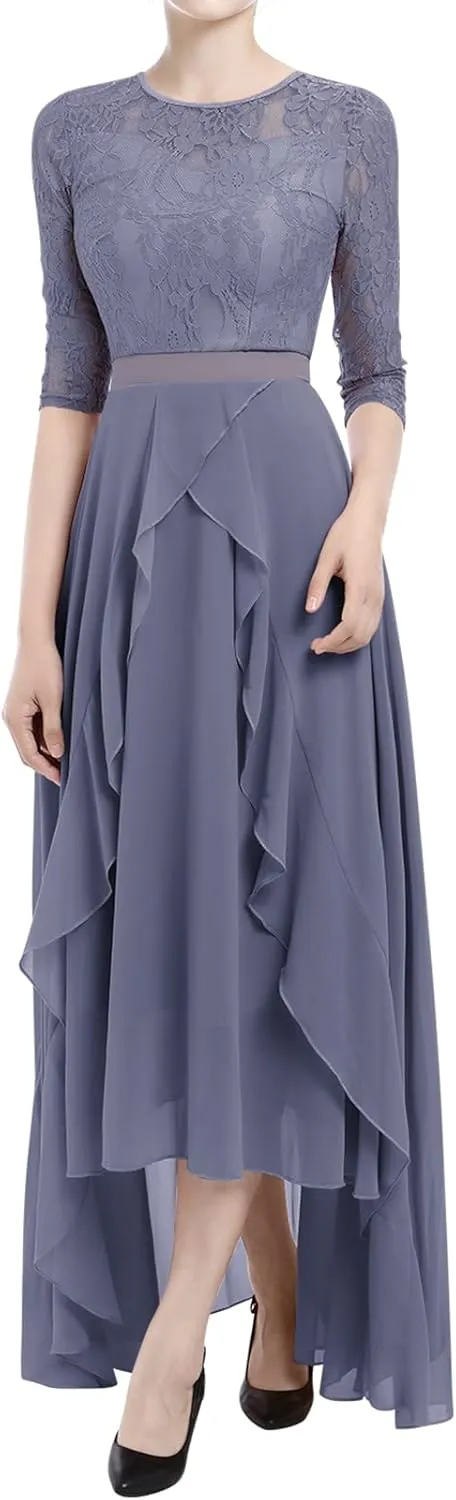Women's Floral Lace Long Bridesmaid Dress Maxi Formal Wedding Party 3/4 Sleeves V-Neck Retro Evening Dance Gown