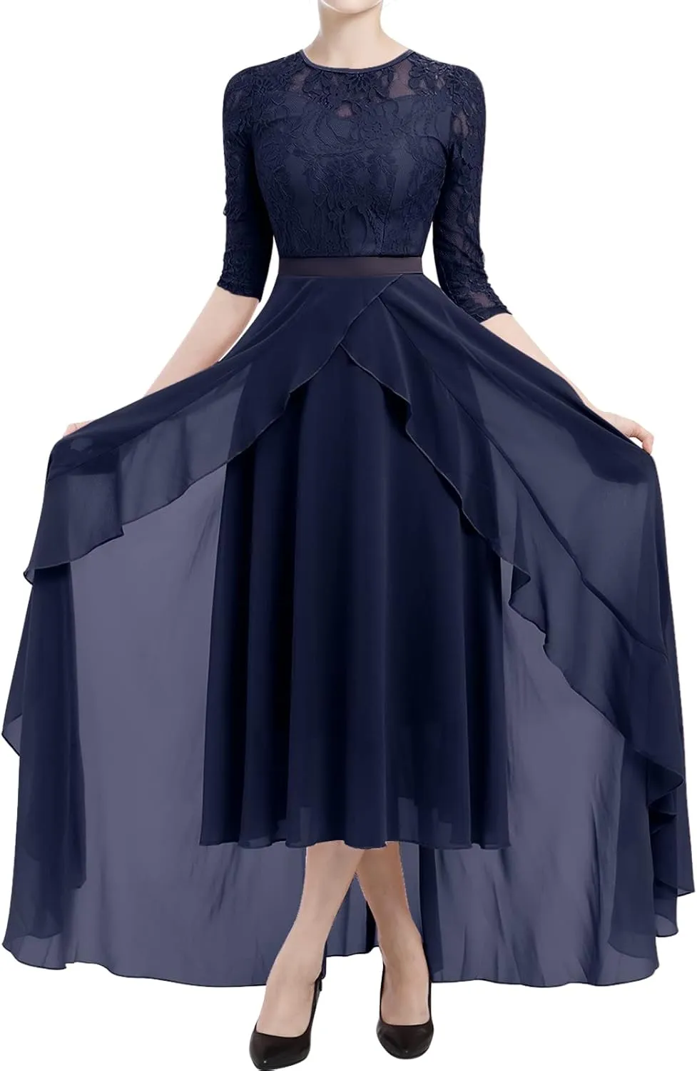 Women's Floral Lace Long Bridesmaid Dress Maxi Formal Wedding Party 3/4 Sleeves V-Neck Retro Evening Dance Gown