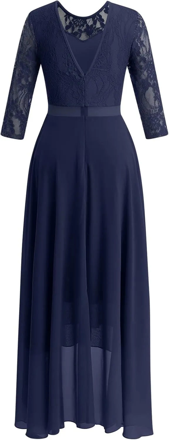 Women's Floral Lace Long Bridesmaid Dress Maxi Formal Wedding Party 3/4 Sleeves V-Neck Retro Evening Dance Gown