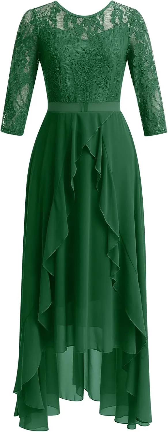 Women's Floral Lace Long Bridesmaid Dress Maxi Formal Wedding Party 3/4 Sleeves V-Neck Retro Evening Dance Gown