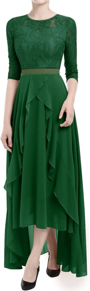 Women's Floral Lace Long Bridesmaid Dress Maxi Formal Wedding Party 3/4 Sleeves V-Neck Retro Evening Dance Gown