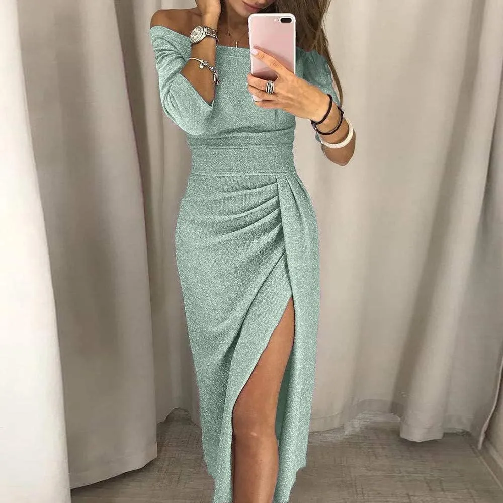 Women's Formal Sexy Solid Color Strapless Split Sequin Dresses Evening Cocktail Prom Gowns DressS-3XL