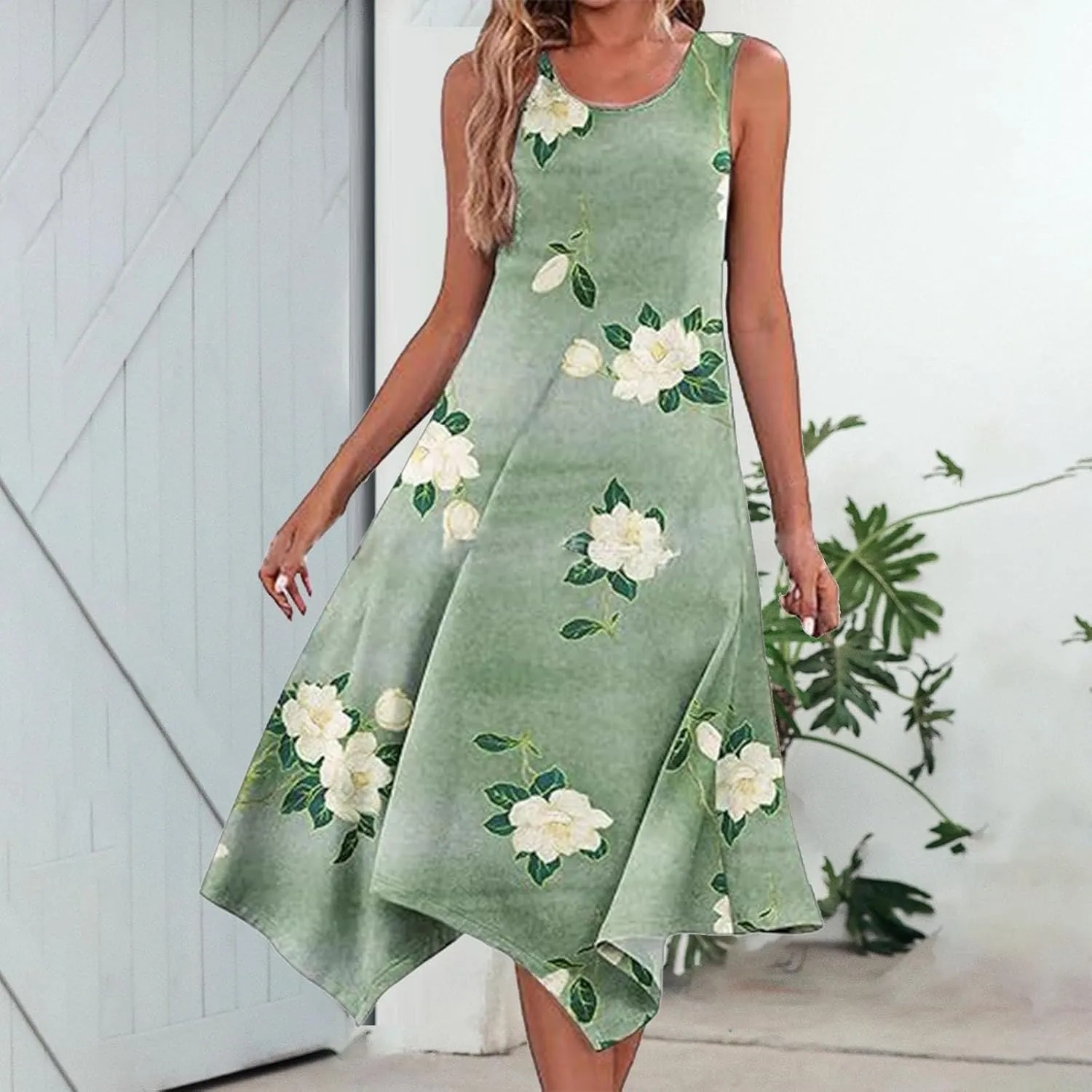 Womens Midi Dress Casual Summer Sleeveless Irregular Hankerchief Hem Long Maxi Dress Tank Dresses with Pockets