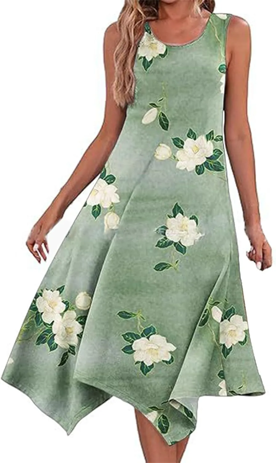 Womens Midi Dress Casual Summer Sleeveless Irregular Hankerchief Hem Long Maxi Dress Tank Dresses with Pockets