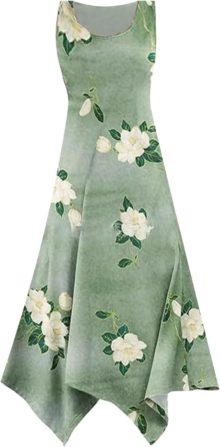 Womens Midi Dress Casual Summer Sleeveless Irregular Hankerchief Hem Long Maxi Dress Tank Dresses with Pockets