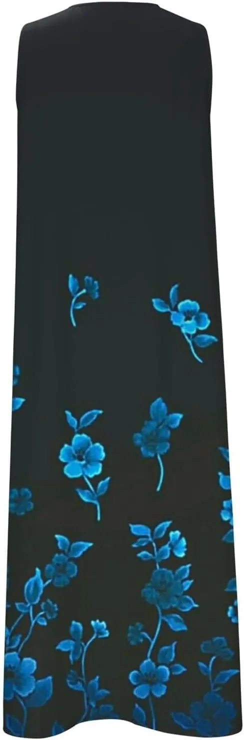 Womens Plus Size Boho Floral V Neck Midi Dresses Summer Casual Loose Long Dress with Pockets Flowy Beach Swing Dress