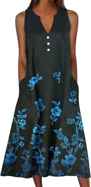 Womens Plus Size Boho Floral V Neck Midi Dresses Summer Casual Loose Long Dress with Pockets Flowy Beach Swing Dress