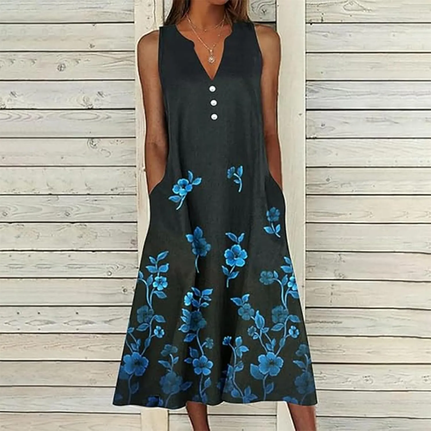 Womens Plus Size Boho Floral V Neck Midi Dresses Summer Casual Loose Long Dress with Pockets Flowy Beach Swing Dress