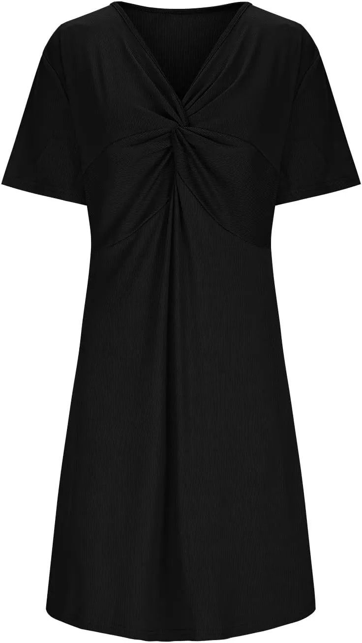 Women's Plus Size Flowy Knotted Tshirt Midi Dress V Neck Short Sleeve Bodycon Casual Loose Beach Party Dresses