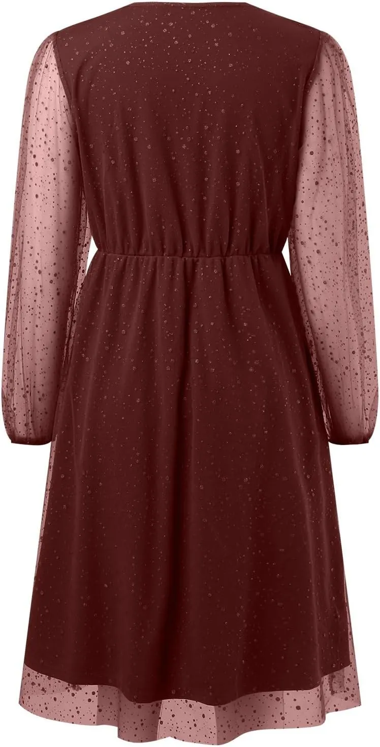 Womens Plus Size Lace Midi Dress V Neck Wrap Long Sleeve Flowy A line Cocktail Dresses for Wedding Guest