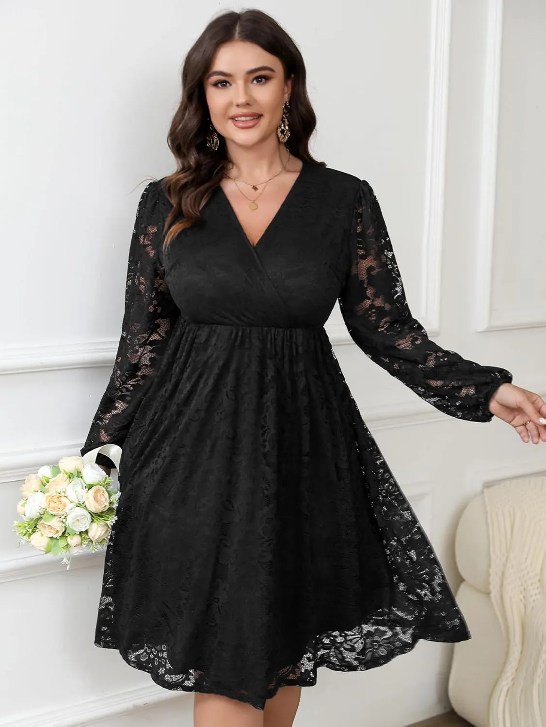 Womens Plus Size Lace Midi Dress V Neck Wrap Long Sleeve Flowy A line Cocktail Dresses for Wedding Guest