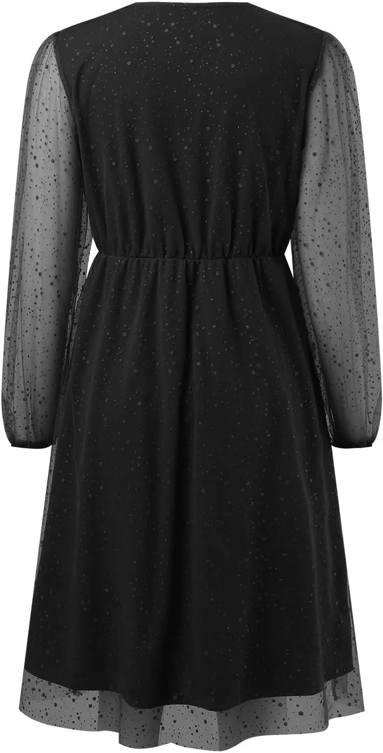 Womens Plus Size Lace Midi Dress V Neck Wrap Long Sleeve Flowy A line Cocktail Dresses for Wedding Guest