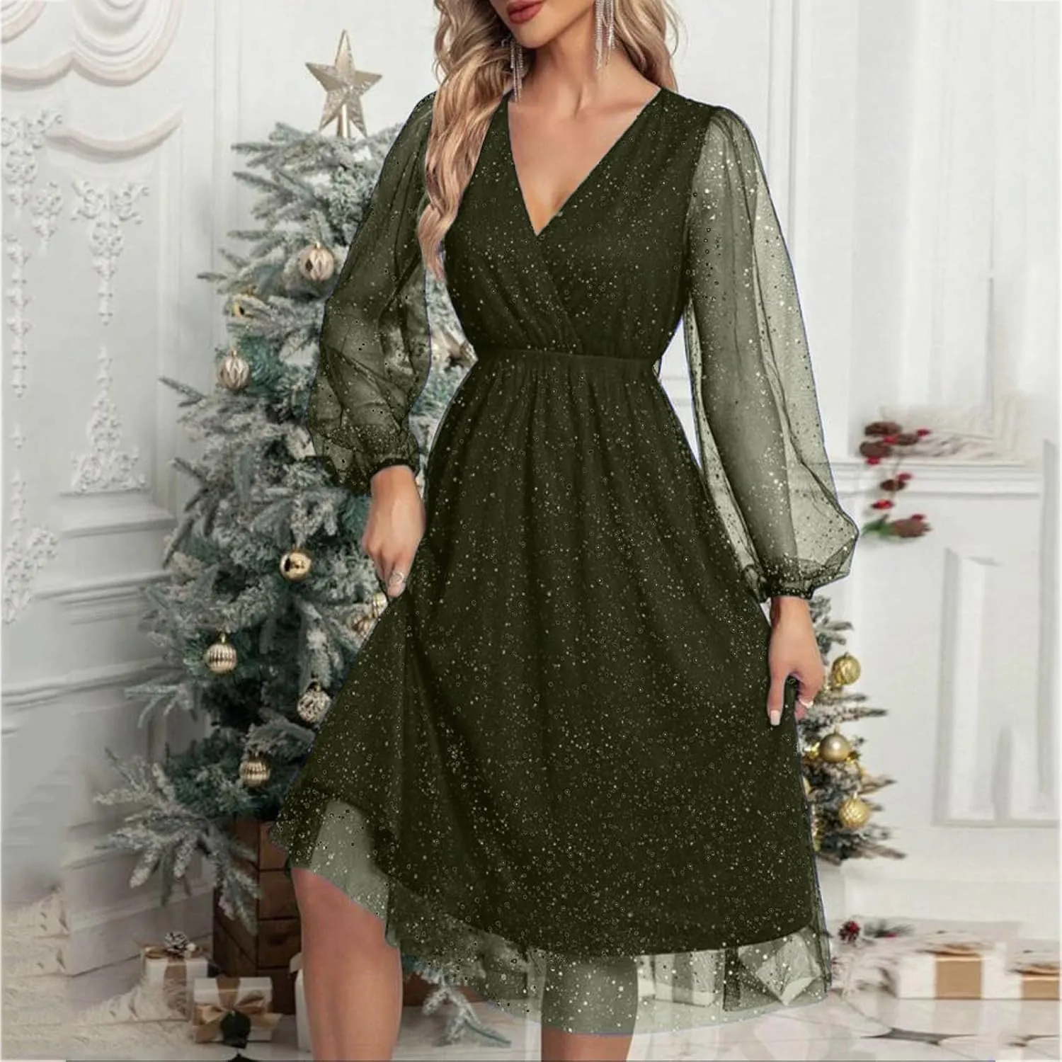 Womens Plus Size Lace Midi Dress V Neck Wrap Long Sleeve Flowy A line Cocktail Dresses for Wedding Guest