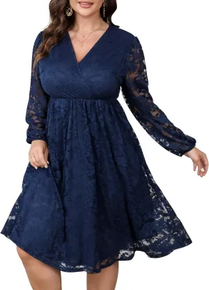 Womens Plus Size Lace Midi Dress V Neck Wrap Long Sleeve Flowy A line Cocktail Dresses for Wedding Guest