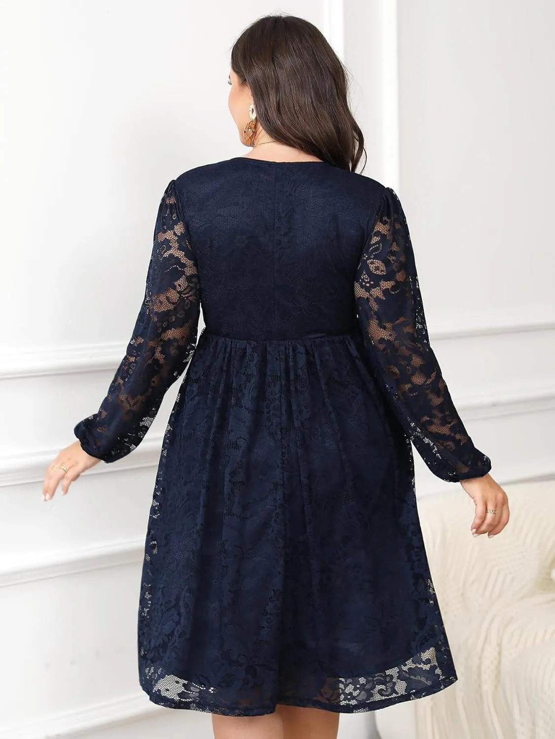 Womens Plus Size Lace Midi Dress V Neck Wrap Long Sleeve Flowy A line Cocktail Dresses for Wedding Guest