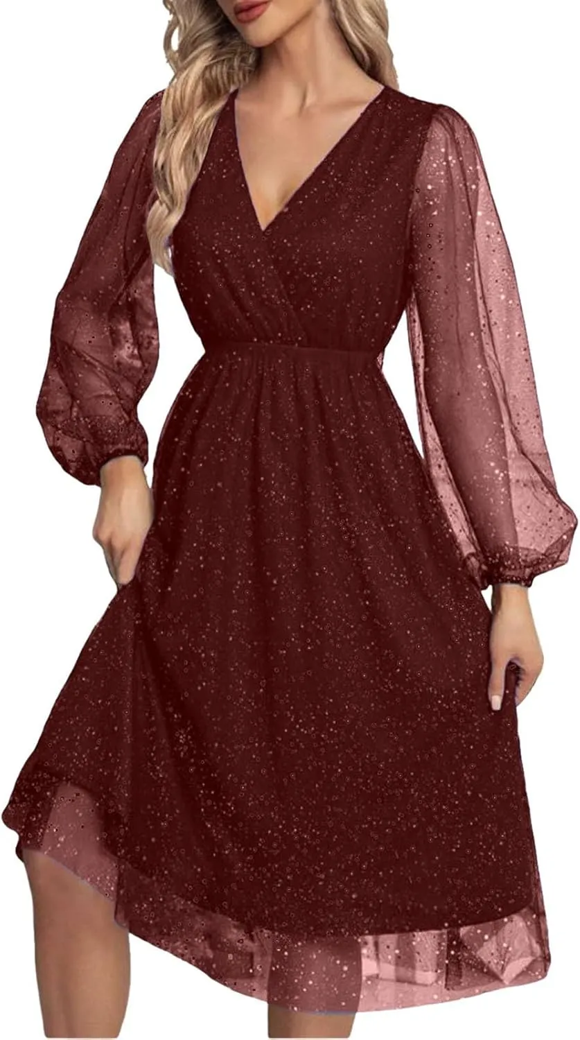Womens Plus Size Lace Midi Dress V Neck Wrap Long Sleeve Flowy A line Cocktail Dresses for Wedding Guest